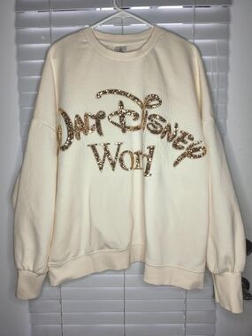Disney Parks Walt Disney World Sequin Logo Cream Pullover Sweatshirt Size 2X EUC